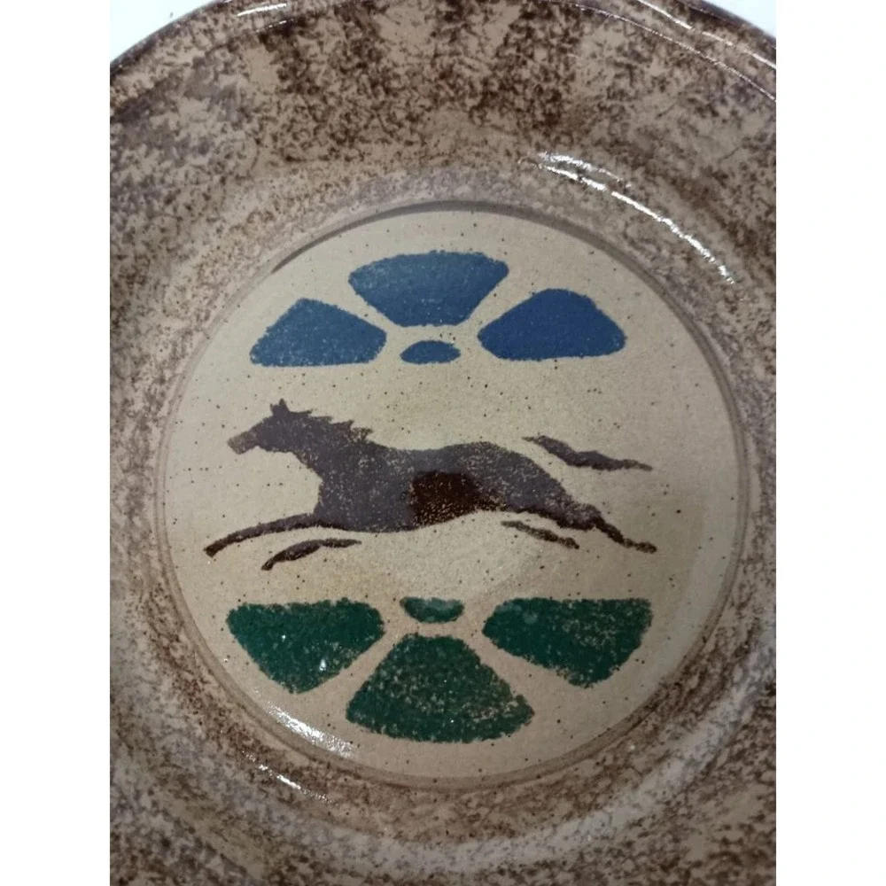 VTG Pottery Running Horse Wall Plate Brown Stoneware‎ Hand Made Country